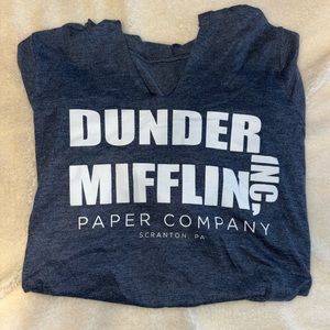 Dunder mifflin paper company 
Dark blue hooded long sleeve tee